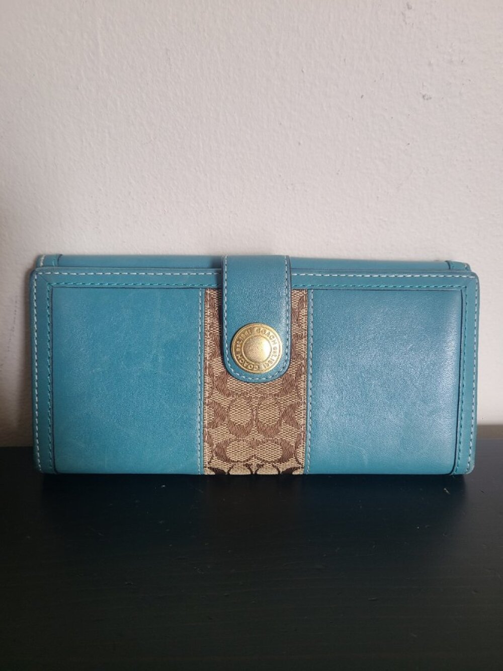 Coach Signature C Canvas Teal Leather Trim Long Wallet